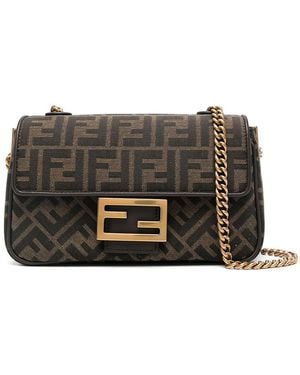 Fendi Borsa A Spalla "Baguette" Mini Ff Zucca Con Catena - Gray
