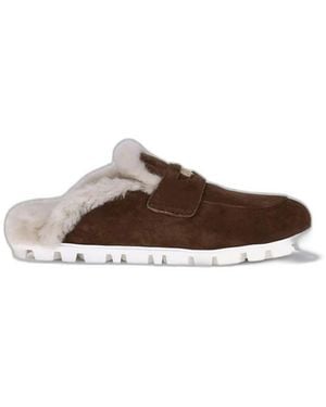 Miu Miu Shearling Leather Mules - Brown