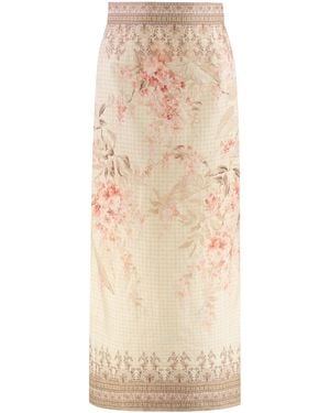 Zimmermann Illuminate Linen Pencil Midi Skirt With Floral Print - Natural