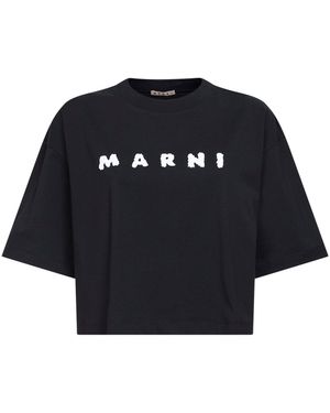 Marni Jersey Scribbled Logo Cropped T-Shirt - Blue