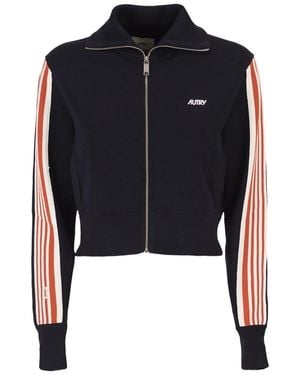 Autry Viscose Sweatshirt With Zip And Side Stripes - Black