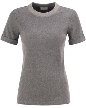Peserico Stretch Cotton Jersey T-Shirt With Lamé Knit Neckline - Gray