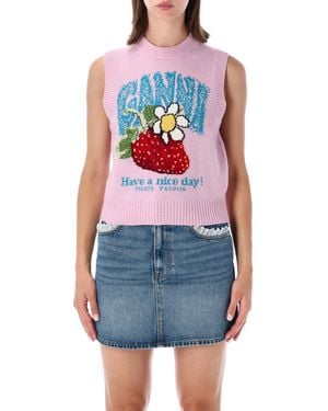 Ganni Strawberry Knit Vest - Blue