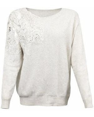 D.exterior Off- Lace Appliqué Round Neck Sweater - White