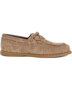 Etro Calfskin Printed Suede Boat Shoes - White