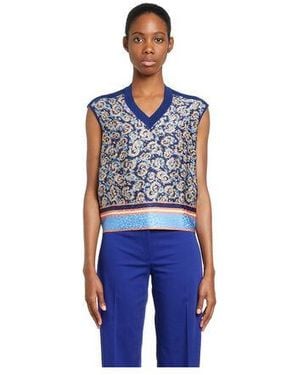 Ferragamo Paisley V-Neck Knit Top - Blue