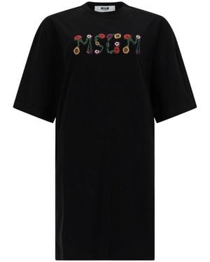 MSGM Embroidered Crew Neck Mini Dress - Black