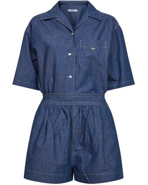 Prada Cotton And Linen Denim Detachable Playsuit - Blue
