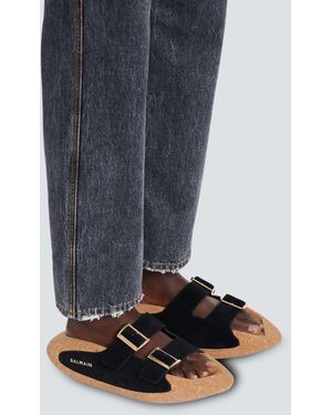 Balmain Suede Cork Slip-On Sandals - Blue