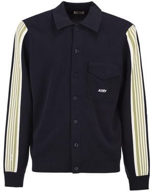 Autry Knitted Jacket With Buttons And Side Stripes - Blue
