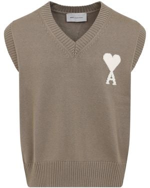Ami Paris Ami Wool And Cotton Vest - Brown