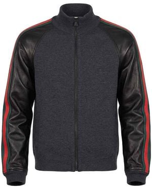 Gucci Wool Zip Jacket With Leather Sleeves - Blue