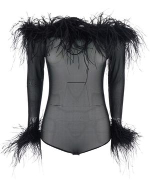Twentyfourhaitch Top With Boat Neck And Feathers - Black