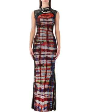 OTTOLINGER Racing Plaid Mesh Long Dress - Red