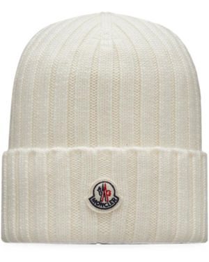 Moncler Ribbed Knit Logo Beanie - White