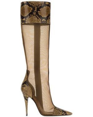 Saint Laurent Mesh And Leather 77 Boots With 11 Cm Heel - Brown