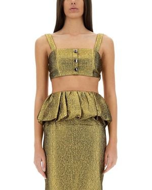 Self-Portrait Metallic Jacquard Crop Top - Green