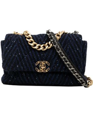 CHANEL Large Chevron Tweed Sequin 19 Flap - Blue