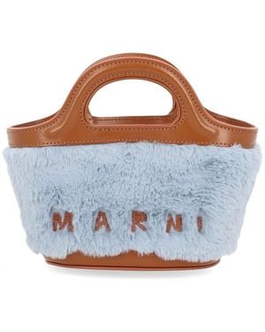 Marni Tropicalia Micro Leather And Embroidered Faux Raffia Tote - Blue