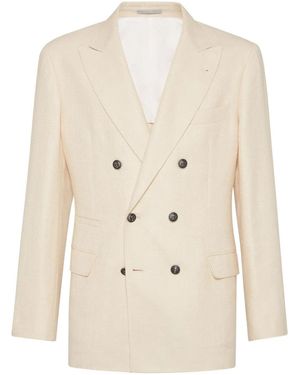 Brunello Cucinelli Cream Wool Silk Linen Double Breasted Blazer - Natural