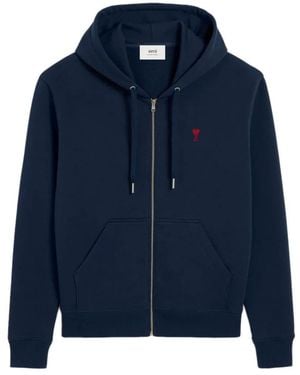 Ami Paris Zipped Cotton Hoodie With Ami De Coeur - Blue