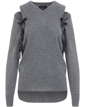 Simone Rocha Relaxed Cashmere Slash V-Neck Sweater W/Bow - Gray