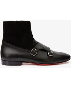 Vinci Leather Shoes Preston Leather & Suede Double Monk Strap Ankle Boot - Black