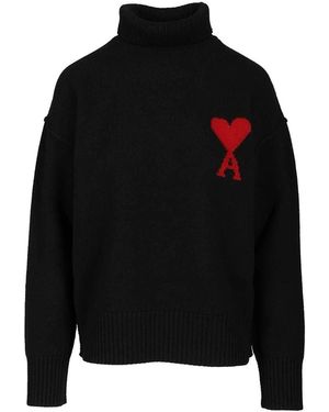 Ami Paris Adc Noir Rouge Wool Funnel Neck Sweater - Black