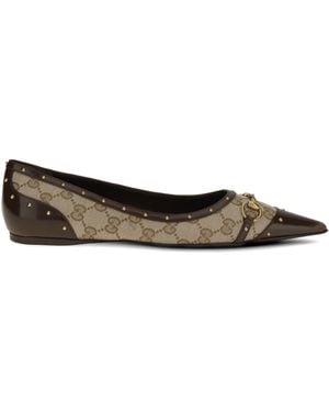 Gucci Horsebit Studded Ballet Flats - White