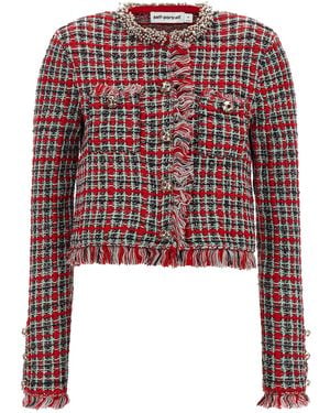 Self-Portrait Fringed Knit Jacket - Red