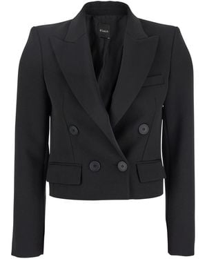 Plain Double-Breasted Cropped Jacket - Black