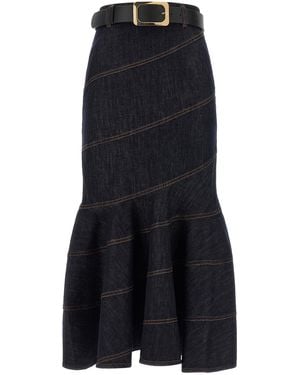 Self-Portrait Self Portrait Denim Belted Midi' Skirt - Blue