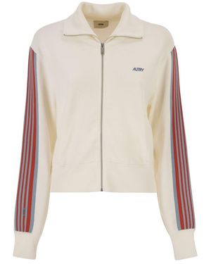 Autry Viscose Sweatshirt With Zip And Side Stripes - Natural