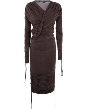 Balmain Long Sleeves Draped Jersey Cupro Mid Dress - Brown