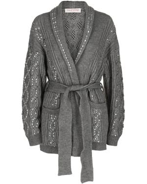 Valentino Embellished Cable-Knit Belted Cardigan Sweater - Gray