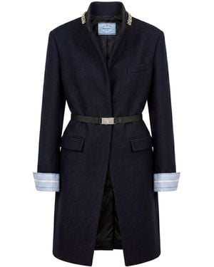 Prada Long Wool Coat With Belt And Jewel Collar - Blue