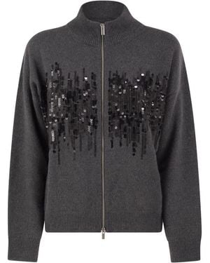Peserico Knitted Cardigan With Sequins And Two-Way Zip - Black