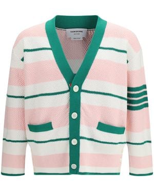 Thom Browne Classic Stripe Seed Stitch V Neck Cardigan - Green
