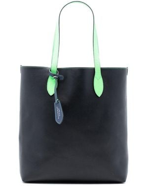 Burberry Grained Leather And Haymarket Check Coated Canvas Reversible North South Tote - Blue