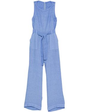 120% Lino Sleeveless Linen Jumpsuit With Belt - Blue