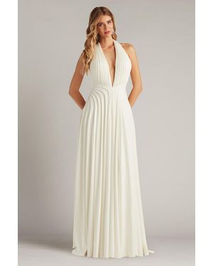Tadashi Shoji Zarelle Pleated Crepe Halter Gown - Natural
