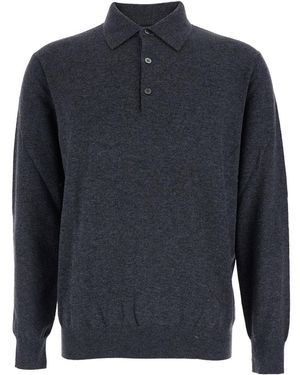 Plain Wool Blend Sweater With Polo Collar - Blue