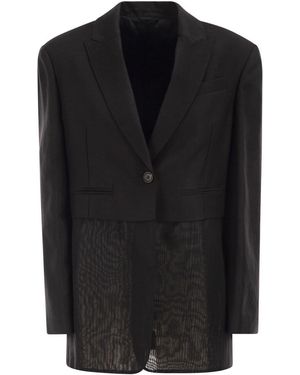 Brunello Cucinelli Single-Breasted Viscose And Linen Jacket With Transparent Insert - Black