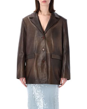 ROTATE BIRGER CHRISTENSEN Oversized Leather Blazer Jacket Lamb - Brown