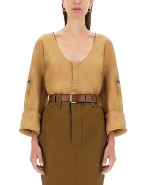 Saint Laurent Regular Fit Henley Blouse - Natural