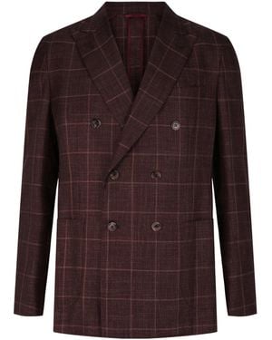 Brioni Plaid Double-Breasted Blazer - Brown