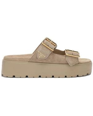 Prada Triangle Logo Slip On Sandals - Brown