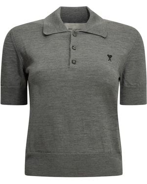 Ami Paris Merino Wool Polo Shirt - Gray