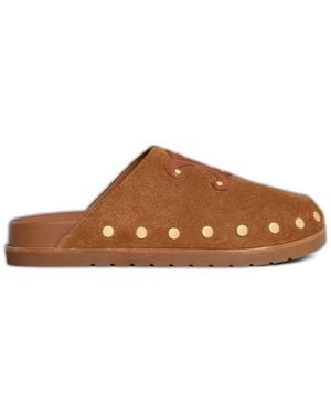 Celine Triomphe Wedge Suede Leather Mules - Brown