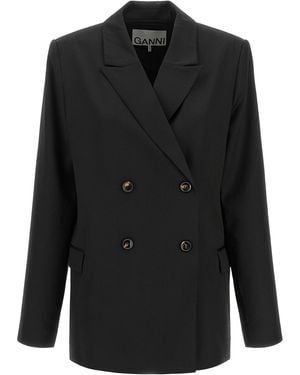 Ganni Double-Breasted Wool Blazer - Black